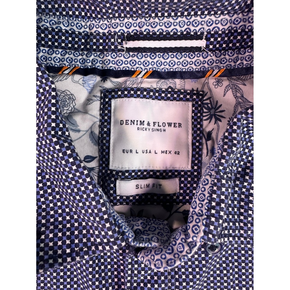 Denim & Flower Ricky Singh Mens Blue Geometric Print Short Sleeve Shirt Slim L - Picture 2 of 10